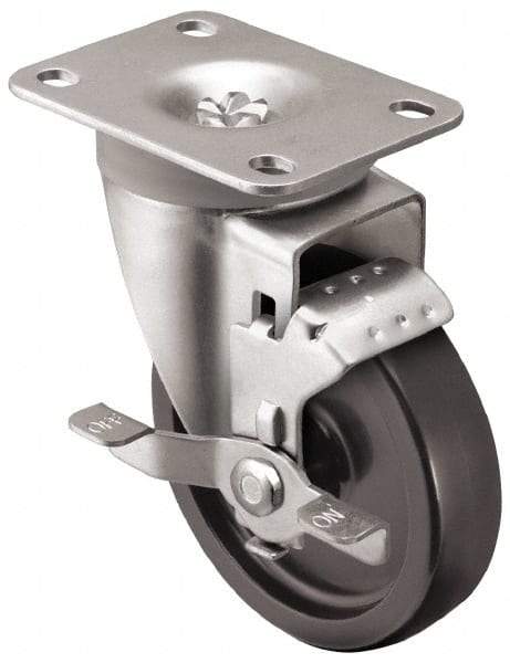 Shepherd - 3" Diam x 1-1/4" Wide x 4-1/4" OAH Top Plate Mount Swivel Caster with Brake - Polyolefin, 250 Lb Capacity, Plain Bearing, 2-5/8 x 3-3/4" Plate - Eagle Tool & Supply