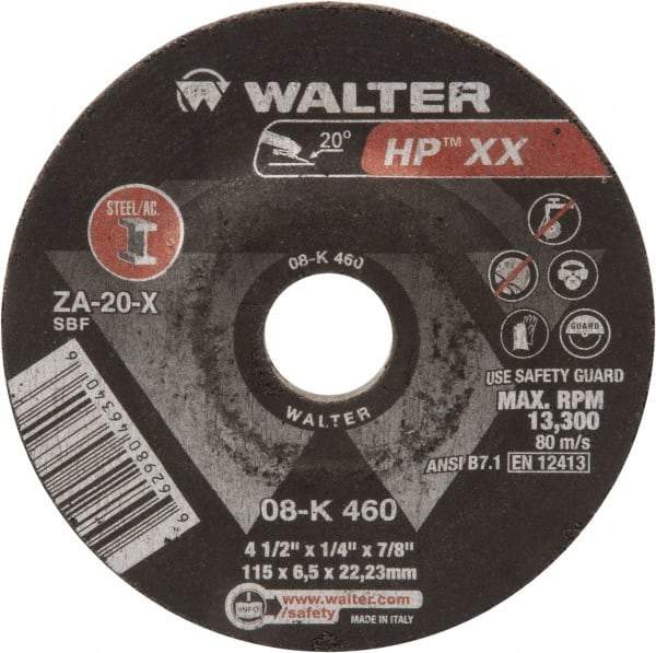WALTER Surface Technologies - 20 Grit, 4-1/2" Wheel Diam, 1/4" Wheel Thickness, Type 27 Depressed Center Wheel - Aluminum Oxide, 13,300 Max RPM - Eagle Tool & Supply