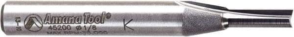 Amana Tool - 1/8" Diam, 1/4" Shank Diam, 7/16" Length of Cut, 2 Flute Straight Plunge Router Bit - 2" Overall Length, Solid Carbide - Eagle Tool & Supply
