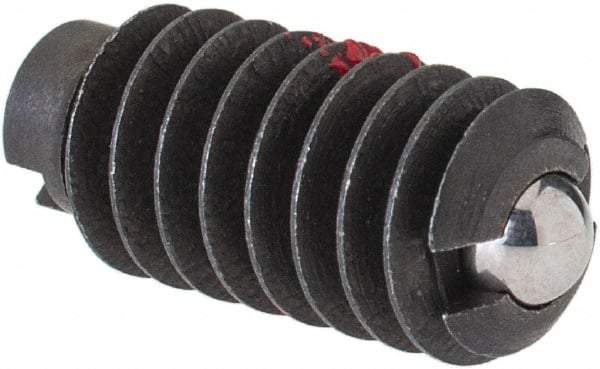Jergens - 1/4-20, 0.125" Ball Diam, 17/32" Body Length, 0.035" Max Ball Reach, Threaded Ball Plunger - Steel Body, Stainless Steel Ball, 2 Lb Initial End Force, 4 Lb Final End Force, Locking Element - Eagle Tool & Supply