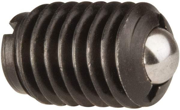 Jergens - 1/2-13, 0.281" Ball Diam, 3/4" Body Length, 0.072" Max Ball Reach, Threaded Ball Plunger - Steel Body, Stainless Steel Ball, 6 Lb Initial End Force, 30 Lb Final End Force, Locking Element - Eagle Tool & Supply