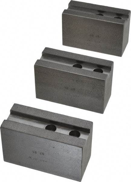 H & R Manufacturing - 1.5mm x 60° Serrated Attachment, Square Soft Lathe Chuck Jaw - 3 Jaws, Steel, 1.181" Btw Mount Hole Ctrs, 4" Long x 1-3/4" Wide x 2-1/2" High, 0.63" Groove, 12mm Fastener - Eagle Tool & Supply