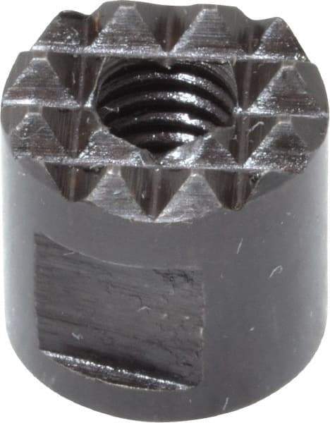Fairlane - 10-32 Thread, 3/8" Diam, 3/8" High, Threaded, Extra Fine Tooth Grade Diamond Serration Tooth Pattern, High Speed Steel, Round Positioning Gripper - 3/16" Flat Width, Black Oxide Coated - Eagle Tool & Supply
