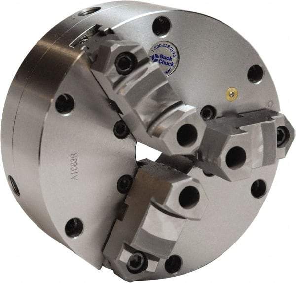 Buck Chuck Company - 3 Jaws, 10" Diam, Self Centering Manual Lathe Chuck - Plain Back Mount Spindle, Adjustable, Reversible, 2,000 Max RPM, 2-63/64" Through Hole Diam, Cast Iron - Eagle Tool & Supply