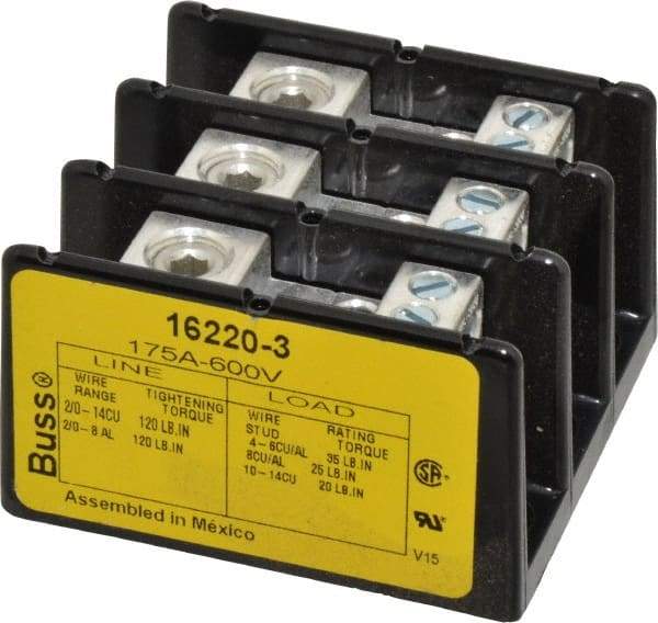 Cooper Bussmann - 3 Poles, 175 Amp, 8-2/0 AWG (Al), 14-2/0 AWG (Cu) Primary, 4-14 AWG (Cu), 4-8 AWG (Al) Secondary, Thermoplastic Power Distribution Block - 600 VAC/VDC, 1 Primary Connection, 5.2 Inch Long x 3.32 Inch Deep x 4 Inch High - Eagle Tool & Supply