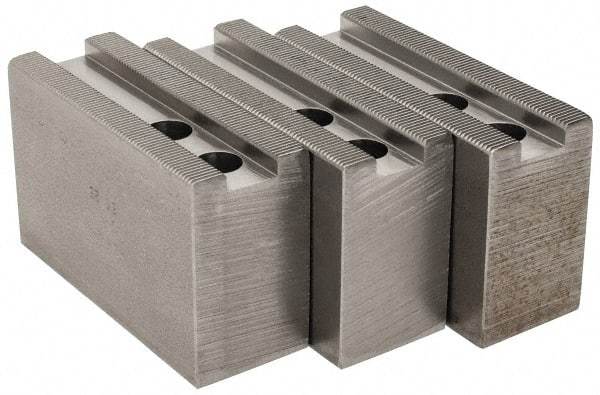 H & R Manufacturing - 1.5mm x 60° Serrated Attachment, Square Soft Lathe Chuck Jaw - 3 Jaws, Steel, 0.984" Btw Mount Hole Ctrs, 4" Long x 1-1/2" Wide x 2-1/2" High, 0.63" Groove, 12mm Fastener - Eagle Tool & Supply