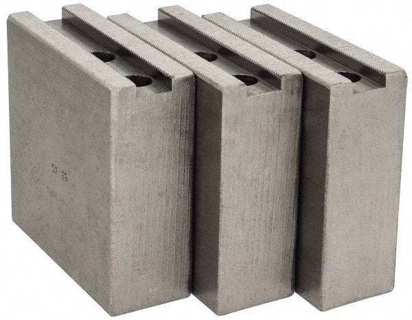 H & R Manufacturing - 1.5mm x 60° Serrated Attachment, Square Soft Lathe Chuck Jaw - 3 Jaws, Steel, 1.266" Btw Mount Hole Ctrs, 4" Long x 1-1/2" Wide x 4" High, 0.63" Groove, 12mm Fastener - Eagle Tool & Supply