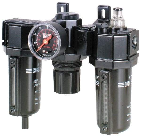 ARO/Ingersoll-Rand - 1/4" NPT Port Compact 3 Piece Filter-Regulator-Lubricator FRL Unit - Metal Bowl, 61 SCFM, 250 Max psi, 6.6" High x 6.614" Long, Manual Drain - Eagle Tool & Supply