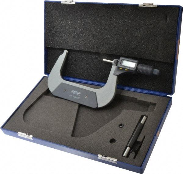 Fowler - 4 to 5 Inch Range, 0.0001 Inch Resolution, Standard Throat, IP54 Electronic Outside Micrometer - 0.0002 Inch Accuracy, Friction Thimble, 357 Battery, Data Output, Includes Case and Wrench - Eagle Tool & Supply