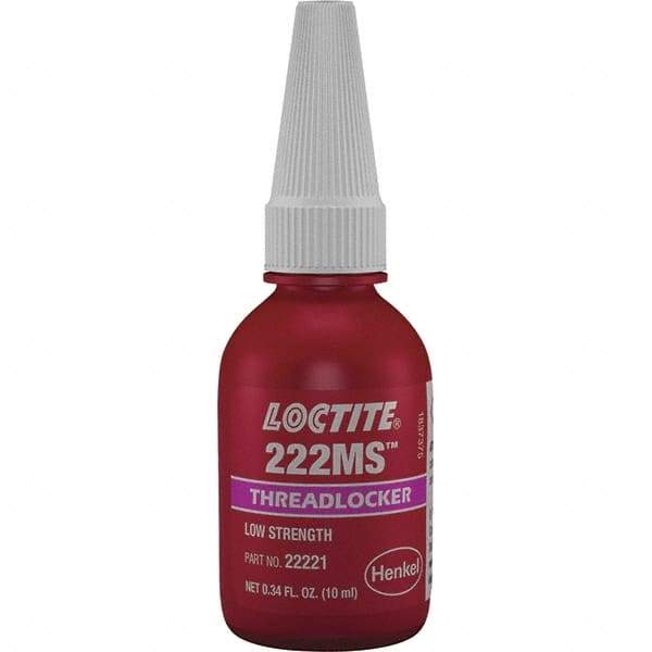 Loctite - 10 mL Bottle, Purple, Low Strength Liquid Threadlocker - Series 222, 24 hr Full Cure Time, Hand Tool Removal - Eagle Tool & Supply