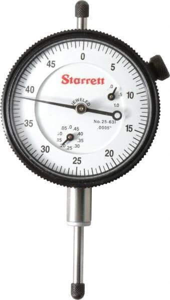 Starrett - 1" Range, 0-50 Dial Reading, 0.0005" Graduation Dial Drop Indicator - 2-1/4" Dial, 0.05" Range per Revolution, Revolution Counter - Eagle Tool & Supply