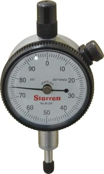 Starrett - 1/4" Range, 0-100 Dial Reading, 0.001" Graduation Dial Drop Indicator - 1-11/16" Dial, 0.1" Range per Revolution, Revolution Counter - Eagle Tool & Supply