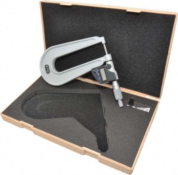 Mitutoyo - 0 to 1 Inch Range, 0.0001 Inch Resolution, Deep Throat, IP65 Electronic Outside Micrometer - 0.0002 Inch Accuracy, 6.3 Inch Throat, Ratchet Stop Thimble, Carbide Face, SR44 Battery, Data Output, Includes Plastic Case - Eagle Tool & Supply