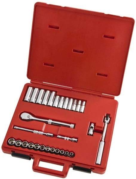 Proto - 29 Piece 3/8" Drive Full Polish Finish Deep Well Socket Set - 12 Points, 8mm to 19mm Range, Metric Measurement Standard - Eagle Tool & Supply