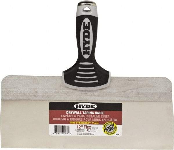 Hyde Tools - 12" Wide Spring Blade Stainless Steel Taping Knife - Flexible, Soft Grip Plastic Overmold Handle, 10-1/2" OAL - Eagle Tool & Supply