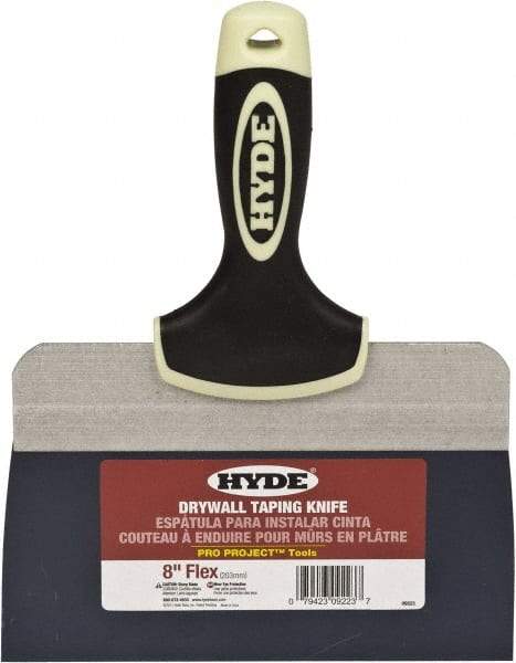 Hyde Tools - 8" Wide Spring Blade Tempered Steel Taping Knife - Flexible, Soft Grip Plastic Overmold Handle, 10-1/2" OAL - Eagle Tool & Supply