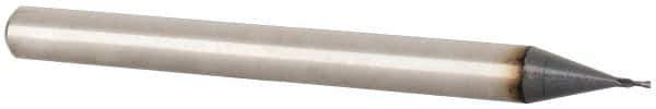 Accupro - 0.016", 0.03" LOC, 1/8" Shank Diam, 1-1/2" OAL, 2 Flute, Solid Carbide Square End Mill - Single End, TiAlN Finish, Spiral Flute, 30° Helix, Centercutting, Right Hand Cut, Right Hand Flute - Eagle Tool & Supply