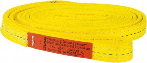Lift-All - 10' Long x 1" Wide, 6,200 Lb Vertical Capacity, 2 Ply, Polyester Web Sling - 4,900 Lb Choker Capacity, Yellow - Eagle Tool & Supply
