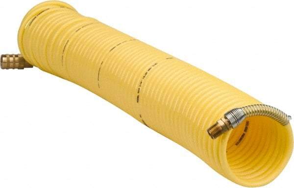 Coilhose Pneumatics - 1/4" ID, 1/4 Thread, 50' Long, Yellow Nylon Coiled & Self Storing Hose - 185 Max psi, Industrial Interchange Coupler x Male Swivel - Eagle Tool & Supply