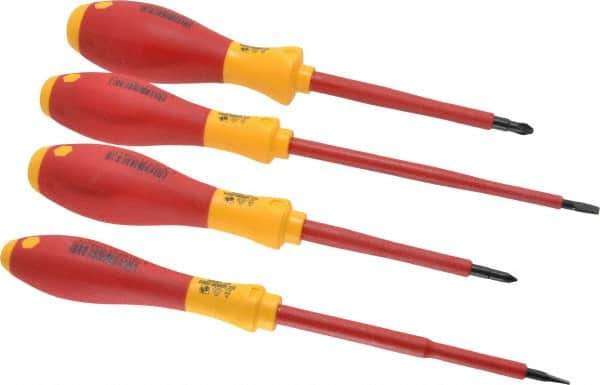 Wiha - 4 Piece Phillips & Slotted Screwdriver Set - Round Shank, Insulated Handle, Bit Sizes: Philips #1 & #2, Tip Thickness: 3/16 & 9/16 - Eagle Tool & Supply