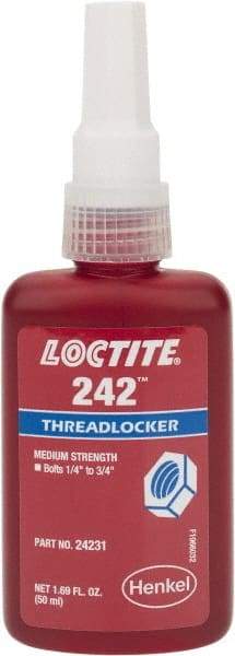 Loctite - 50 mL Bottle, Blue, Medium Strength Liquid Threadlocker - Series 242, 24 hr Full Cure Time, Hand Tool, Heat Removal - Eagle Tool & Supply