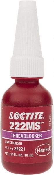 Loctite - 10 mL Bottle, Purple, Low Strength Liquid Threadlocker - Series 222MS, 24 hr Full Cure Time, Hand Tool Removal - Eagle Tool & Supply