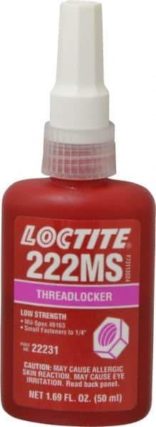 Loctite - 50 mL Bottle, Purple, Low Strength Liquid Threadlocker - Series 222MS, 24 hr Full Cure Time, Hand Tool, Heat Removal - Eagle Tool & Supply