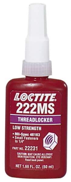 Loctite - 250 mL Bottle, Purple, Low Strength Liquid Threadlocker - Series 222MS, 24 hr Full Cure Time, Hand Tool, Heat Removal - Eagle Tool & Supply