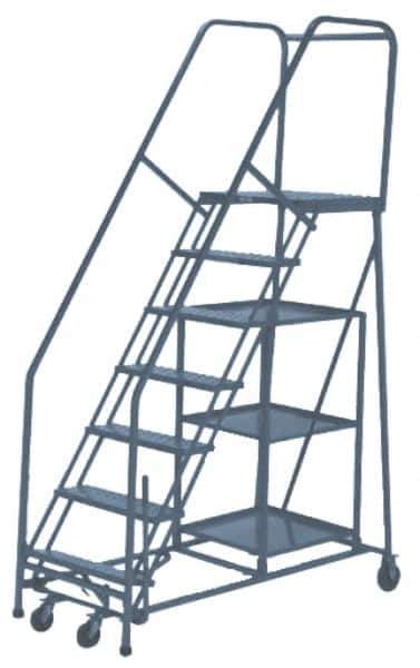 PW Platforms - 7 Step Ladder - Rolling Safety Stock Picking Ladder, 300 Lb Capacity, 70" Platform Height, 32" Base Width x 62" Base Depth, Perforated Tread - Eagle Tool & Supply