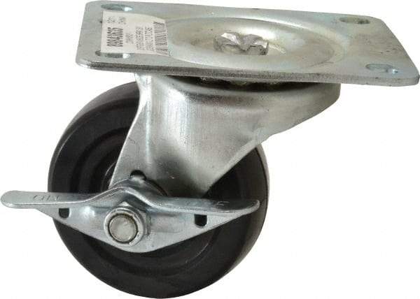 Value Collection - 3" Diam x 1-1/4" Wide x 3-13/16" OAH Top Plate Mount Swivel Caster with Brake - Soft Rubber, 175 Lb Capacity, Self-Lubricating Bearing, 3-1/8 x 4-1/8" Plate - Eagle Tool & Supply