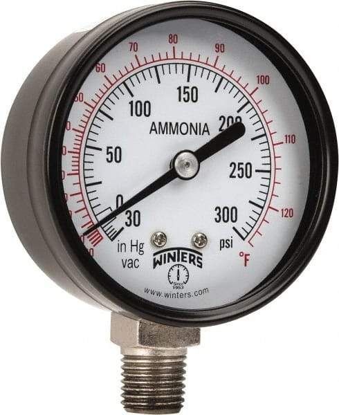 Winters - 2-1/2" Dial, 1/4 Thread, 30-0-300 Scale Range, Pressure Gauge - Lower Connection Mount, Accurate to 3-2-3% of Scale - Eagle Tool & Supply