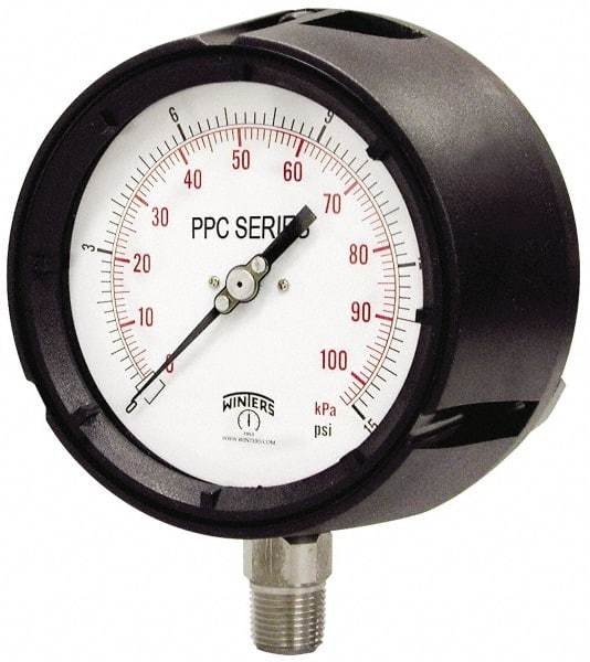 Winters - 4-1/2" Dial, 1/2 Thread, 0-60 Scale Range, Pressure Gauge - Lower Connection Mount, Accurate to 0.5% of Scale - Eagle Tool & Supply