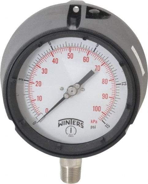 Winters - 4-1/2" Dial, 1/2 Thread, 0-15 Scale Range, Pressure Gauge - Lower Connection Mount, Accurate to 0.5% of Scale - Eagle Tool & Supply