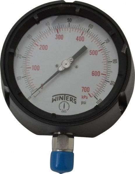Winters - 4-1/2" Dial, 1/2 Thread, 0-100 Scale Range, Pressure Gauge - Lower Connection Mount, Accurate to 0.5% of Scale - Eagle Tool & Supply