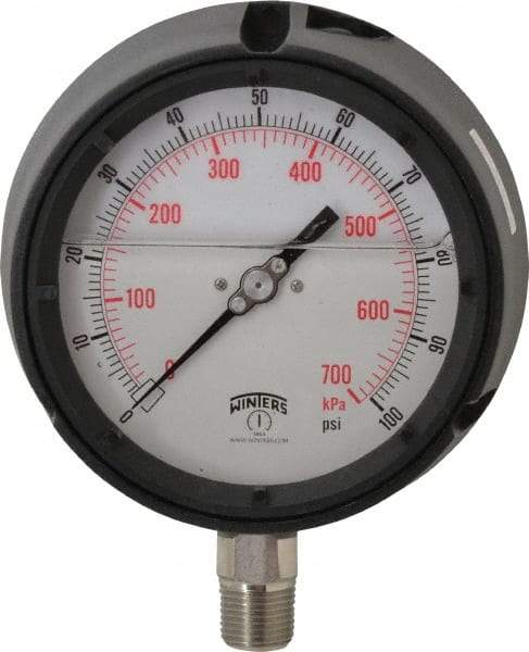 Winters - 4-1/2" Dial, 1/2 Thread, 0-100 Scale Range, Pressure Gauge - Lower Connection Mount, Accurate to 0.5% of Scale - Eagle Tool & Supply