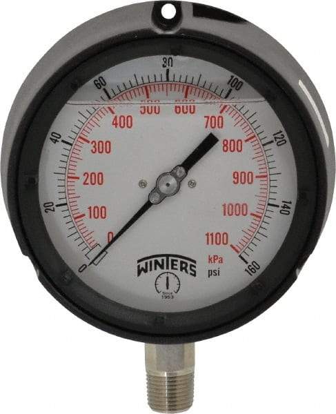 Winters - 4-1/2" Dial, 1/2 Thread, 0-160 Scale Range, Pressure Gauge - Lower Connection Mount, Accurate to 0.5% of Scale - Eagle Tool & Supply