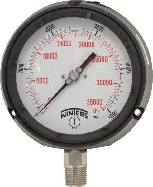 Winters - 4-1/2" Dial, 1/2 Thread, 0-5,000 Scale Range, Pressure Gauge - Lower Connection Mount, Accurate to 0.5% of Scale - Eagle Tool & Supply