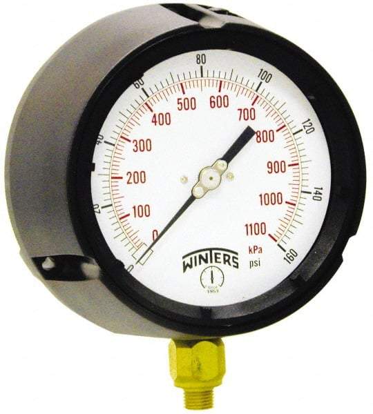 Winters - 4-1/2" Dial, 1/4 Thread, 30-0-60 Scale Range, Pressure Gauge - Lower Connection Mount, Accurate to 0.5% of Scale - Eagle Tool & Supply