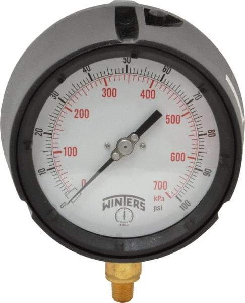 Winters - 4-1/2" Dial, 1/4 Thread, 0-100 Scale Range, Pressure Gauge - Lower Connection Mount, Accurate to 0.5% of Scale - Eagle Tool & Supply