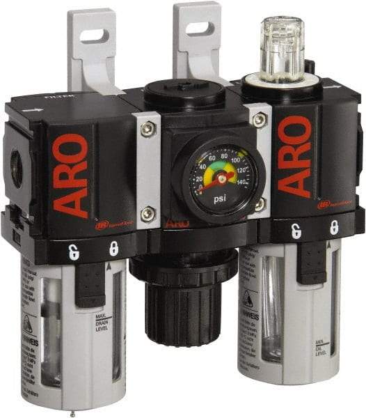 ARO/Ingersoll-Rand - 1/4" NPT Port Miniature 3 Piece Filter-Regulator-Lubricator FRL Unit - Polycarbonate Bowl, 46 SCFM, 150 Max psi, 5" High x 4.724" Long, Manual Drain - Eagle Tool & Supply
