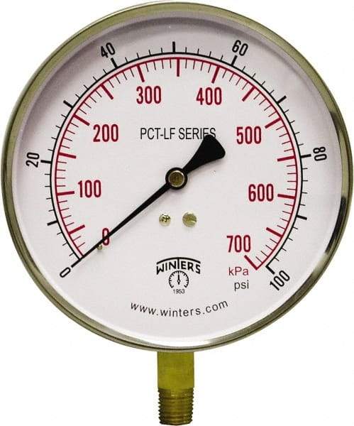 Winters - 4-1/2" Dial, 1/4 Thread, 0-100 Scale Range, Pressure Gauge - Lower Connection Mount, Accurate to 0.01% of Scale - Eagle Tool & Supply