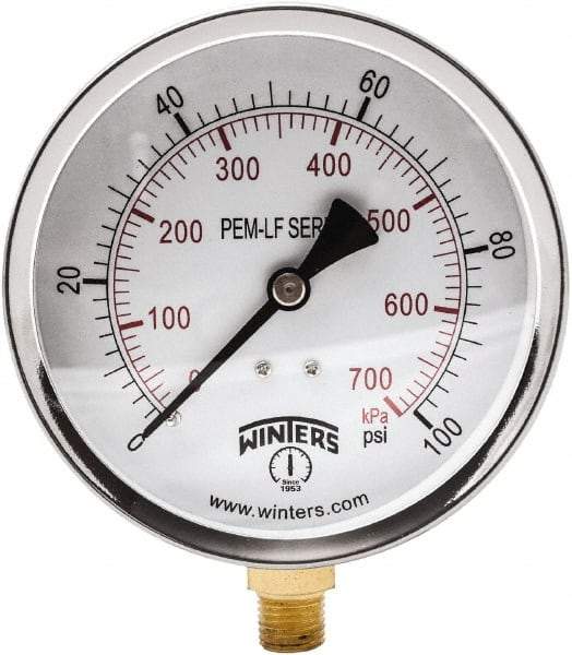 Winters - 4" Dial, 1/4 Thread, 0-100 Scale Range, Pressure Gauge - Lower Connection Mount, Accurate to 3-2-3% of Scale - Eagle Tool & Supply
