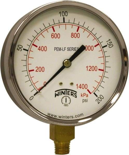 Winters - 4" Dial, 1/4 Thread, 0-200 Scale Range, Pressure Gauge - Lower Connection Mount, Accurate to 3-2-3% of Scale - Eagle Tool & Supply