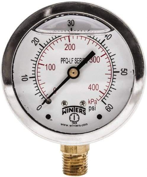 Winters - 2-1/2" Dial, 1/4 Thread, 0-60 Scale Range, Pressure Gauge - Lower Connection Mount, Accurate to 1.5% of Scale - Eagle Tool & Supply