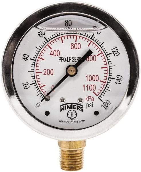 Winters - 2-1/2" Dial, 1/4 Thread, 0-160 Scale Range, Pressure Gauge - Lower Connection Mount, Accurate to 1.5% of Scale - Eagle Tool & Supply