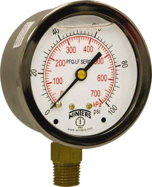 Winters - 2-1/2" Dial, 1/4 Thread, 0-100 Scale Range, Pressure Gauge - Lower Connection Mount, Accurate to 1.5% of Scale - Eagle Tool & Supply