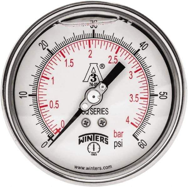 Winters - 4" Dial, 1-1/2 Thread, 0-60 Scale Range, Pressure Gauge - Center Back Connection Mount, Accurate to 0.01% of Scale - Eagle Tool & Supply
