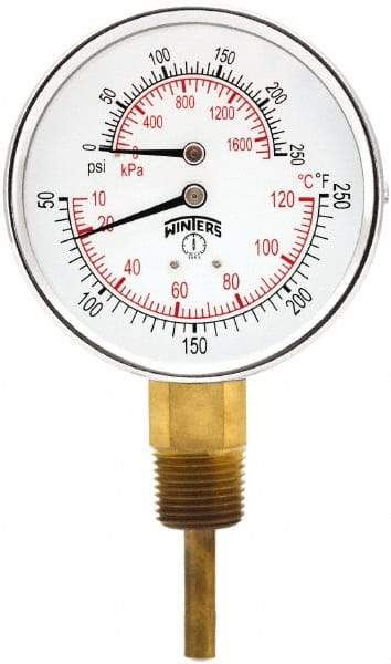 Winters - 3" Dial, 1/2 Thread, 0-250 Scale Range, Pressure Gauge - Lower Connection Mount, Accurate to 0.03% of Scale - Eagle Tool & Supply