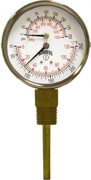 Winters - 3" Dial, 1/2 Thread, 0-200 Scale Range, Pressure Gauge - Lower Connection Mount, Accurate to 0.03% of Scale - Eagle Tool & Supply