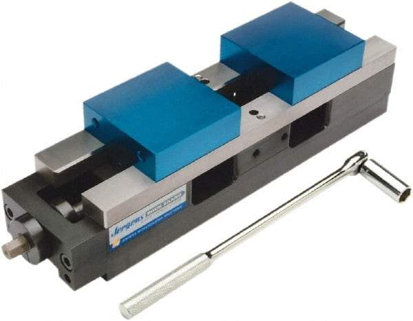 Jergens - 4" Jaw Width, 13" Max Jaw Opening, Manual Self Centering Vise - 7,200 Max Operating psi, 5.68" Stroke Length, 17" OAL x 6" OAW x 4" OAH - Eagle Tool & Supply